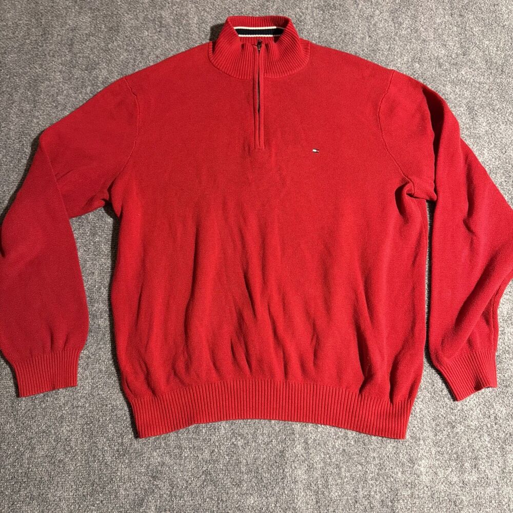 Tommy Hilfiger 1/4 Zip Mock Neck Sweater Mens Large Red Pullover 100% Cotton